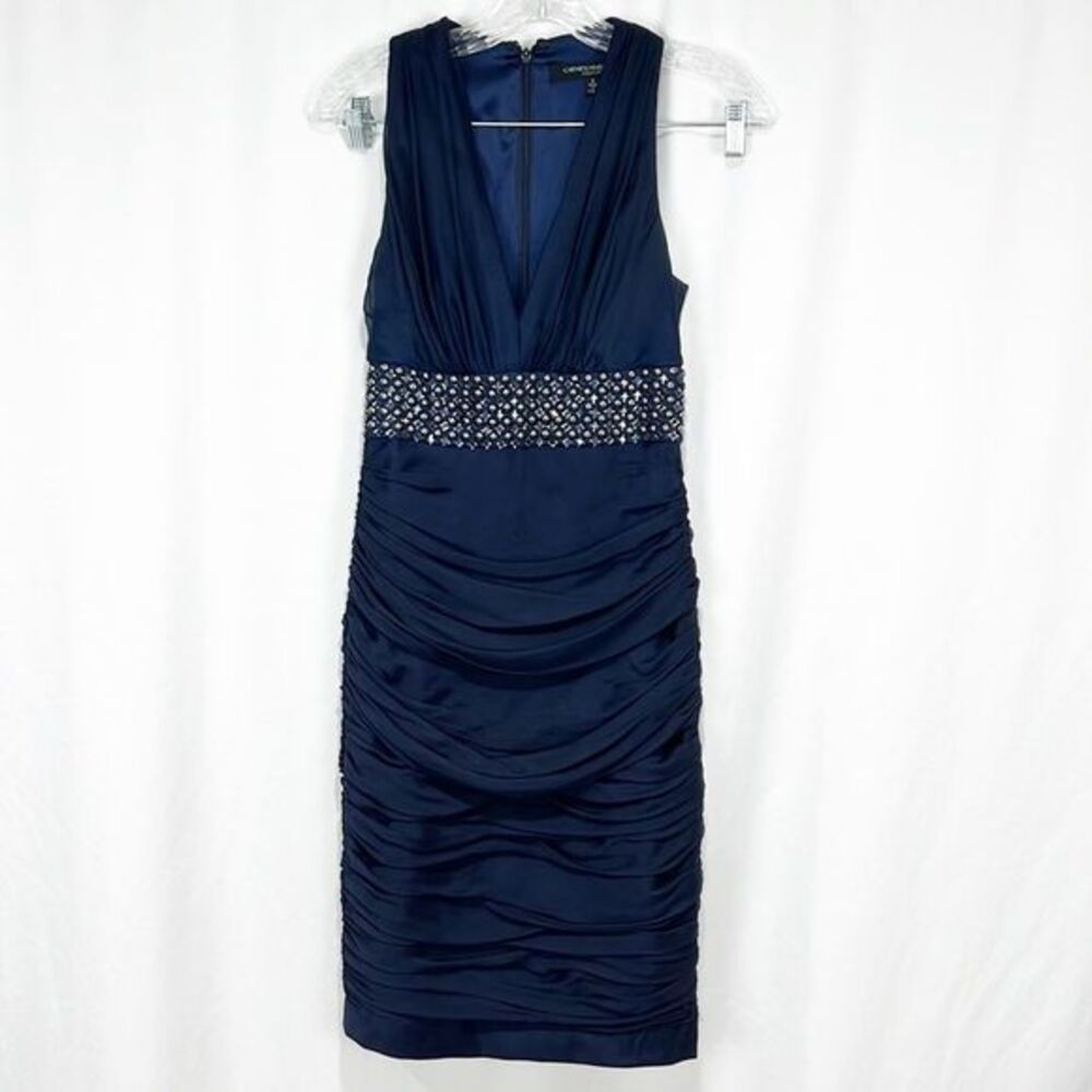 Carmen Marc Valvo Collection Ruched V-Neck Beaded Silk Blue Cocktail Dress Sz 2